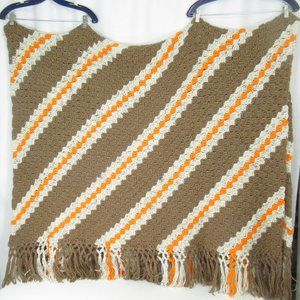 Vintage Crochet Afghan Corner to Corner C2C Brown Orange Fall Blanket Fringe